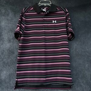Under Armour Mens HeatGear Polo Shirt Black Pink Breast Cancer Golf Preppy SM